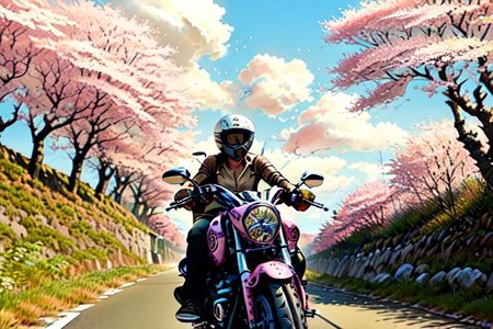 pastel, watercolour, art style, vector, 1girl riding a suzuki intruder, intruder, clouds, pink motorcycle, blond girl, short skirt, cleavage,  black hair, bare tree, fruit, east Asian architecture, rock, pastel, helmet, beak, cherry blossoms, forest, closeup