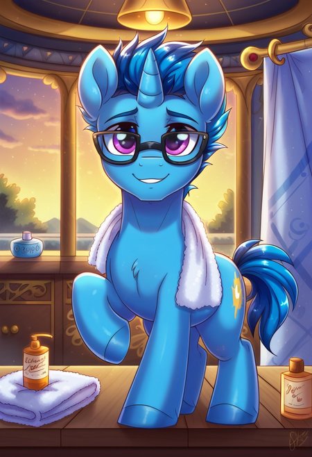 (feral) unicorn, solo male, stallion, pony, masseuse, male, blue body, dark blue short spiky hair, black framed glasses, towel on neck, spa, cozy, massage table,, standing, raised leg, front view, comforting smile,, Expressiveh, lotion bottles, looking at viewer, indoors, highly detailed, soft skin