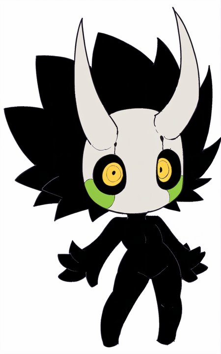 score_9, score_8_up, score_7_up,((best quality)), absurdres, ((full body)), <lora:BolivanteStyle:0.8>,  <lora:GouthaPXL:0.8>,GouthaPXL,mask. black skin, yellow eyes, horns, black hair, spiked hair, black sclera, white background,white horns