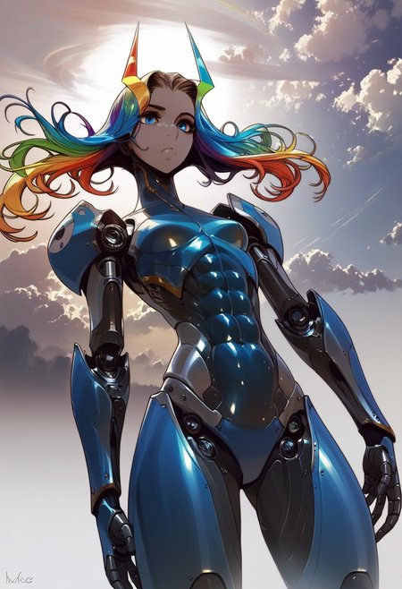 ng_deepnegative_v1_64t, score_9, score_8_up, score_7_up, Expressiveh, very detailed, high quality, solo, 1 beautiful horse, looking at hands, metallic, blue thick fur, iridescent rainbow hair, short, small breasts, blue glossy body, oiled, athletic, obliques, abs, from below, cloudy sky, flying