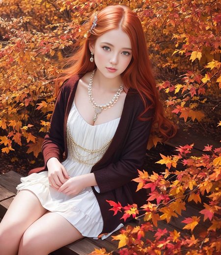 8k, (detailed autumn background), incredible quality, (focal length f/2.8:1.1), (age16 yo), a pretty redhead girl in a luxurious dress, [oil leather : pearl leather : 10], ruby crown, diamond necklace, (complex oil painting:1.1), great detail, light, photorealisti painting art by Greg Rutkowski, perfect