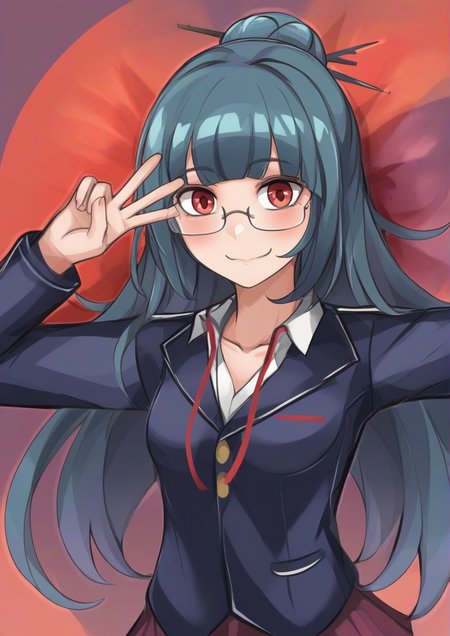 1girl, tsushima yoshiko, furry female, armpits, birthday, blue hair, breasts, collarbone, dated, glasses, hair bun, long hair, red eyes, rimless eyewear, school uniform, single hair bun, small breasts, solo, upper body, uranohoshi school uniform, peace sign, zPDXL3 <lora:Ingyeohan:1>