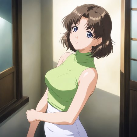 masterpiece,1girl,solo,looking at viewer,green shirt,white pencil skirt,bare shoulders,turtleneck,sleeveless,<lora:Nadeshiko_Minami ag4o v1:1> nadeshiko_minami, brown hair, short hair, blue eyes,
