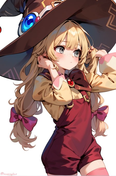 score_9, score_8_up, score_7_up, very aesthetic, source_anime, detailed,
simple background,
looking away, holding own hair, blush, embarassed, 
<lora:beryl_autismConfetti_v02:0.99>berylBase, freckles, hair ribbon, blonde hair, grey eyes, long hair,  brown witch hat,
puffy sleeves, wide sleeves, long sleeves, yellow shirt, red shorts, pink ribbon,  pink thighhighs,, zPDXL