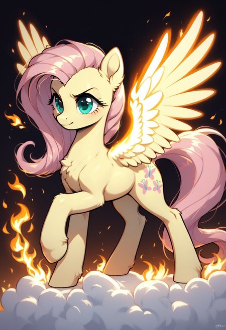 core_9, score_8_up, score_7_up, score_5_up, source_anime, Fluttershy, depicted as a powerful and magical pony with clearly equine facial features, surrounded by vibrant, glowing magical energy swirling dynamically around her. The magic radiates in shades of neon pink, fiery red, and glowing y3ll0wblu3, creating a stunning and otherworldly effect. Embers float in the air, with fiery sparks and volumetric lighting adding depth and intensity. Her expression is fierce and determined, emphasizing her strength and focus, while her mane and fur are illuminated by the radiant magic. The background is dark and shadowy, contrasting with the glowing magic and embers, enhancing the painterly and mystical art style. Ultra-detailed, cinematic composition, vibrant colors, striking contrasts, and high-quality rendering, pony-style anatomy with perfect proportions.
