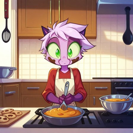 Dreamkeepers,1girl,Prelude_Namah,solo,furry,tail,source_furry, green eyes,masterpiece, 
kid, child, 
apron, kitchen, cooking, flour_on_face, holding_spoon, mixing_bowl, warm_lighting, homemade_food, baking, cute, messy, cheerful, soft_focus, oven, cookies, cake, excited_expression, detailed_background, casual_clothing