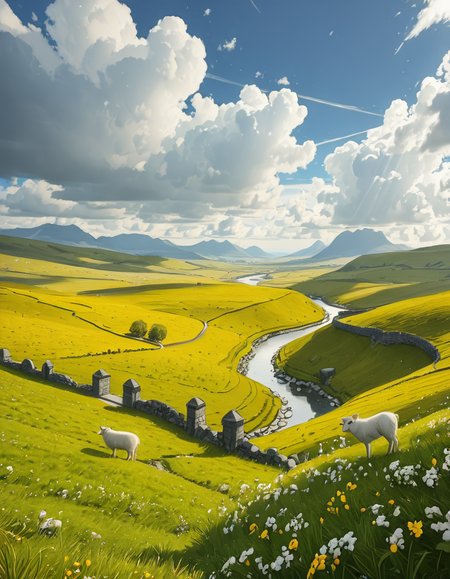 A breathtaking, high-resolution photograph of the rolling plains of Ireland, stretching endlessly under a vast, cloud-streaked sky. The landscape is a lush, vibrant green, with gentle hills covered in soft grass and dotted with scattered wildflowers. Ancient stone walls and winding dirt paths cut through the fields, marking old farmland boundaries. In the distance, a few solitary sheep graze peacefully, their white wool contrasting against the emerald grass. A small, clear river meanders through the valley, reflecting the soft light of the sky. The horizon is framed by low, misty mountains, adding depth and mystery to the scene. Above, the sky is a mix of bright blue and fluffy white clouds, casting dynamic shadows across the landscape as beams of sunlight break through. The atmosphere is serene, timeless, and rich with the natural beauty of the Irish countryside.
<lora:SDXLFaeTastic2400:0.4> <lora:extremely_detailed:0.4> extremely detailed,rolling plains of 1r3l4nd, <lora:rolling_plains_of_1r3l4nd-i:1>, Masterpiece,best quality,hi res,8k,hi res,8k,award winning,(sharp focus, intricate, highly detailed),