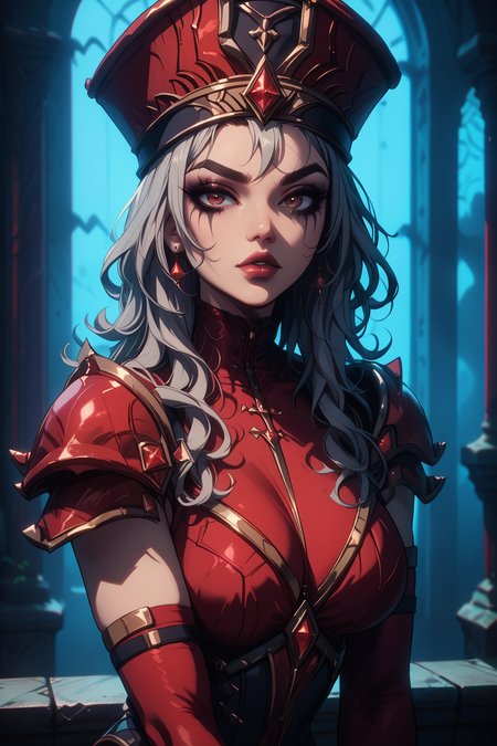 <lora:add-detail-xl:3> score_9,score_8_up,score_7_up,score_6_up, volumetric lighting, dynamic shading, 1woman, sexy, seductive, alluring, mature, thick eyebrows, thick eyeliner, dark eyeshadow, full lips, lips parted, huge breasts, looking at viewer,
BREAK
<lora:GLSHS-3e:1> GLSHS,    <lora:sallywhitemane-wc-richy-v1_pdxl:1> sallywhitemane, red eyes, grey hair, long hair, mascara, hat, leotard, elbow gloves, shoulder armor, pauldrons, red thighhighs, pelvic curtain