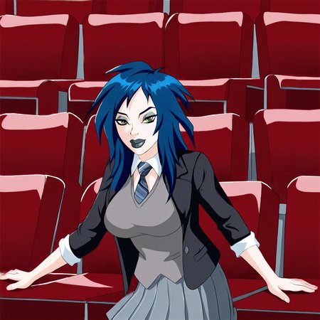 <lora:Kylie_pony_v1:.8> KylieGreyShirt, 1girl,  makeup, lipstick, blue hair, large breasts, black lips, long hair, cowboy shot, 
 <lora:1014 Home wear 32_v1_pony:1> uanyi1014,black jacket,grey skirt,grey vest,pleated skirt,striped necktie,clasp,