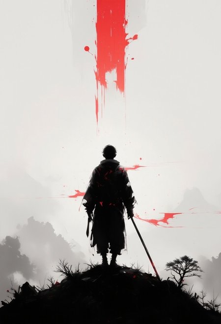 aidmaimageupgrader, monki, hill, back view stave, shadow, silhouette, black and white, monochrome, red accents, dramatic lighting, atmospheric, foggy background, japanese culture, minimalist, moody, contrast, sunset glow, isolated figure, reflective pose,pscho_4rt