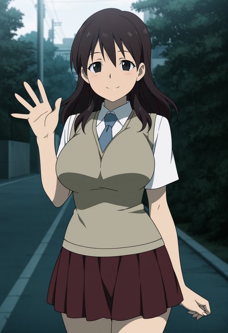 1girl,solo,mm,mature female,long hair,brown hair,black eyes,large breasts,anime coloring,
school uniform,sweater vest,shirt,skirt,necktie,short sleeves,cowboy shot,waving, looking at viewer, smile,outdoors
,masterpiece,best quality,amazing quality,<lora:Nozomi_Kasuga-Shikabane_Hime_r1:0.8>