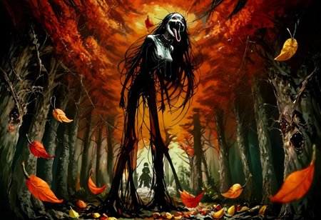 score_9, score_up_8, masterpiece, best quality, explicit, 
hasshaku-sama, mature woman, large woman, tall woman, sagging breast, enormous breast, long hair, black hair, horror (theme), collar bone, bony body, skinny, anorexic, fall season, trees, red yellow and orange leaves, falling leaves, night, garden, Expressiveh,  
 teeth, tongue, open mouth, horror, blood, stiches, scars, black tongue, very long tongue, black tears, full body