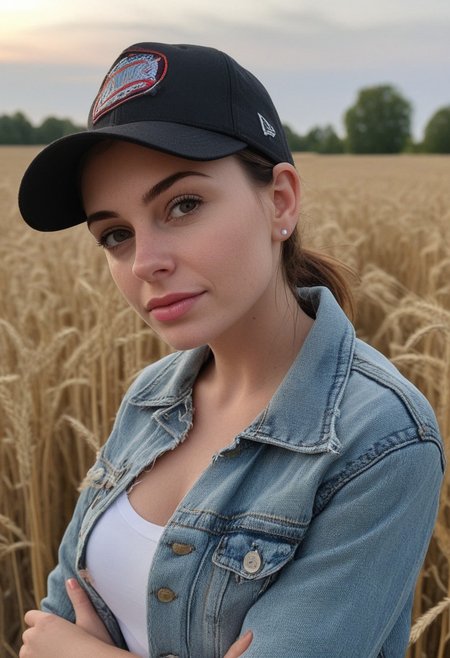 30yo american woman in a wheat field
Small eyes. Brown eyes.
Wearing ripped Denim jacket red hat
no makeup. Clear skin.  realistic skin style
Long dark black slick back hair. No makeup. Dusk, Street light. Looking at camera POV. Slight smile, tilting head.. Tilt head. Hands in head, face, lips.
Medium Close Up shot. Bokeh. Bokeh light.