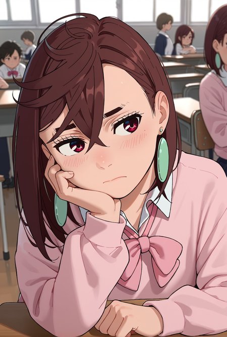 score_9,score_8_up,score_7_up,masterpiece, best quality, <lora:WHM 0.2v:0.5>, WHM, 2D,anime,  
1girl, arm rest,embarrassed, blush, school desk, classroom, sitting,  multiple girls, classmate,
closed mouth,one hand  head rest  , looking to the side, one hand on face, head tilt, crowd ,
BREAK
 ayase_momo, 1girl, earrings, jewelry, solo, brown hair,  red eyes, close-up, crossed bangs, hair between eyes, brown eyes, <lora:momo_ayase_dandadan:1>long sleeves,  oversized clothes, pink shirt, bowtie, collared shirt,