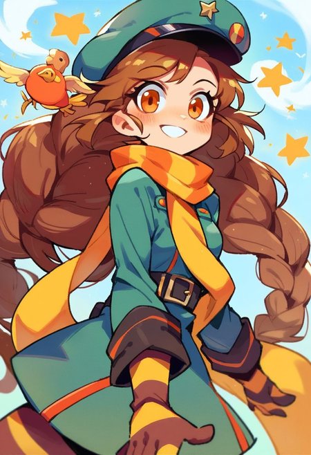 score_9, score_8_up, score_7_up, source_anime, toon (style), 1girl, bird, blush, braid, brown hair, gloves, hat, long hair, military, military uniform, orange eyes, scarf, smile, solo, star (symbol), striped clothes, striped gloves, uniform, very long hair, pov