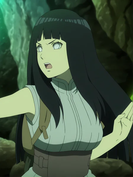 <lora:Hinata_Hyuga:0.8>, hinata, 1girl, solo, long black hair, bangs, white eyes, no pupils, sleeveless gray shirt, high collar, brown belt, backpack, angry, serious, open mouth, fighting stance, dynamic pose, raised arm, looking ahead, upper body, from side, indoors, green lighting, cave, rocks