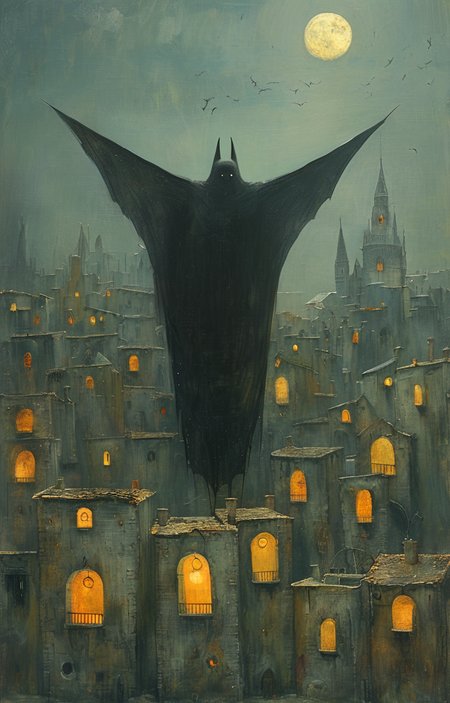 masterpiece,best quality,<lora:tbh161-sdxl:0.9>,illustration,style of Shaun Tan, Nazgul over sleeping town