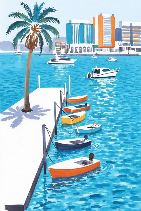 watercolor illustration.
 A vibrant blue body of water with a row of boats floating on it. The boats are painted in a variety of colors, including yellow, orange, and blue, creating a striking contrast against the backdrop of the scene. To the left of the boats, a concrete walkway extends into the water, adding a touch of depth to the composition. In the distance, a palm tree casts a shadow on the water's surface. The buildings in the background appear to be painted in shades of blue, white, and orange.  <lora:minink1_cap_d6a3e12:1.0><lora:825134174999511706:0>