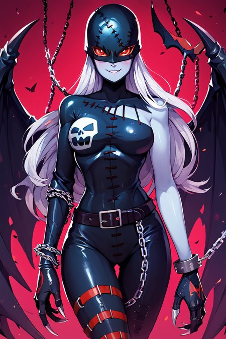 score_9, score_8_up, score_8, medium breasts, (curvy), cute, eyelashes,       BREAK, ,  zzLadyDevi, chain, belt, stitches, claws, gloves, wings, asymmetrical clothes, bodysuit, <lora:LadyDevimon_Digimon_PDXL:0.8>,  , BREAK, smile, looking at viewer, cowboy shot, ,,, embedding:zPDXL, <lora:theButcherXPDXL:0.8>,