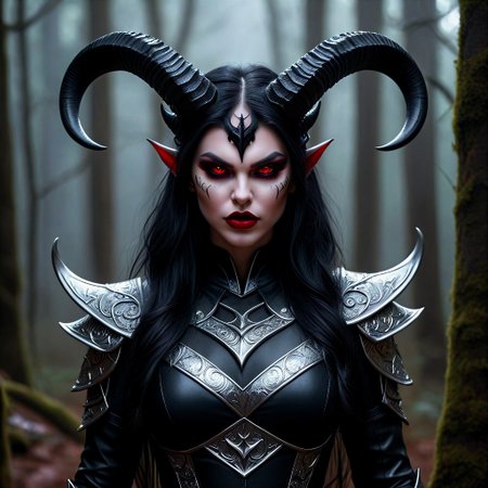 Full image is a realistic work of art featuring a demonic figure in an attractive position. It has pale skin, radiant red eyes, sharp teeth and long, black and silver hair. She has large,  demon horns curved horns that stand out from her head and ears pointed. Her facial expressions are threatened, adorned with a dark complex shield that blends into her skin, and her hands and arms are covered with claw-like accessories. The background is a dark and exotic forest with intertwined trees and dim ominous lighting which enhances the overall terrifying atmosphere of the image