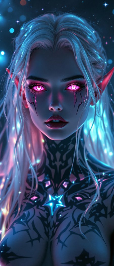 Create a close-up image of a fantasy dark elf’s body. 
Her skin glows with a soft, ethereal light and is adorned with neon tattoos that cover her body in intricate patterns. The tattoos emit a magical glow that illuminates her delicate features.
Her eyes are large and bright, subtly changing between shades of purple and red, as if holding hell within them. 
Her long, silver hair frames her face, adding a touch of magic to the scene. The background features a starry sky that enhances the dreamy atmosphere , hyper realistic , 30mm shot