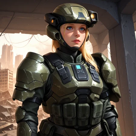 Masterpiece, high-res, 2k, best quality, 2.5d, realistic, 1 girl ,  fem marine, helmet, headlight , armor, blonde hair, blue eyes , realistic, military, gray camouflage, black balaclava,  face cover , scifi , medium shot, in a destroyed city<lora:fem_marine_illus-000049:1>  Enchanting Back Bend with Hair Flowing: Arch your back with your hair flowing freely creating a pose that exudes femininity and sensuality.
