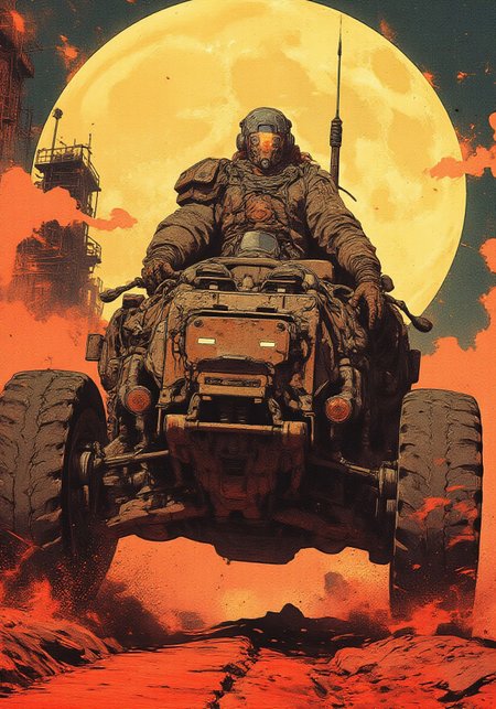 A highly detailed post-apocalyptic sci-fi scene featuring a rugged dieselpunk warrior driving a heavily modified armored vehicle across a desolate alien wasteland. The landscape is illuminated by an enormous glowing moon, casting dramatic shadows over the red dust and industrial ruins in the background. The vehicle is covered in intricate mechanical parts, exposed wiring, and heavy-duty tires built for extreme terrain. The warrior wears a futuristic battle suit with tubes, armor plating, and a helmet with glowing visors. The atmosphere is cinematic, with intense lighting, dust clouds, and a sense of motion. Style: high-detail digital painting, sci-fi concept art, dieselpunk aesthetics