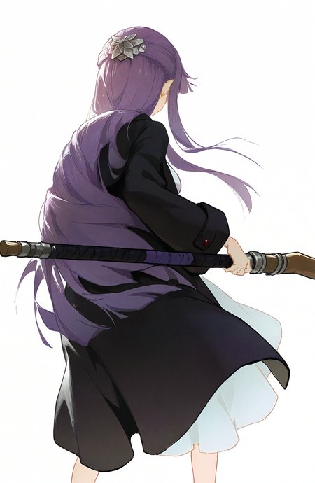 fern_\(sousou_no_frieren\), 1girl, solo, long_hair, simple_background, long_sleeves, hair_ornament, white_background, dress, holding, purple_hair, white_dress, from_behind, coat, feet_out_of_frame, staff, black_coat, holding_staff, facing_away, mage_staff