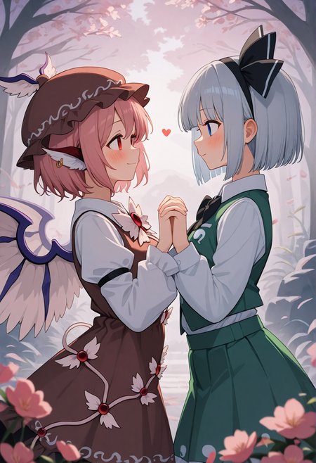 masterpiece,best quality,newest,absurdres,highres,very awa, 
2girls, holding hands, blush, looking at each other, smile, hearts BREAK konpaku_youmu, touhou, 1girl, grey_hair, blue_eyes, taller female, BREAK mystia_lorelei, touhou, 1girl, pink_hair, red_eyes, hat