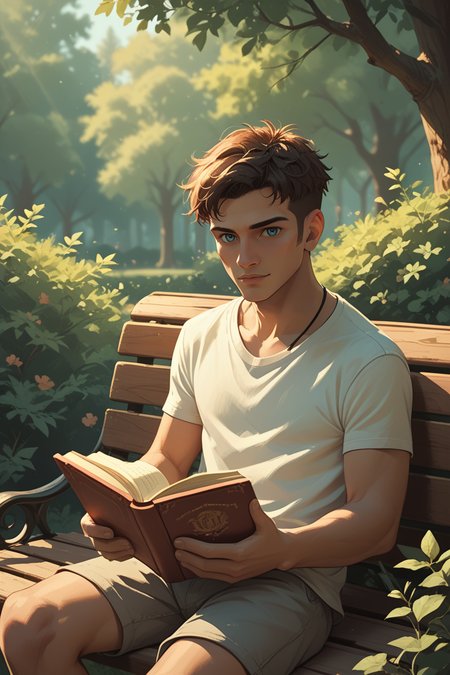 score_9, score_8_up, score_7_up, score_6_up
<lora:DmCDante:0.8>
DmCDante, 1boy, short hair, brown hair, blue eyes, looking at viewer, sitting on a bench in a tranquil park, wearing casual clothes, reading a book, dappled sunlight filtering through the trees, peaceful and relaxed vibe