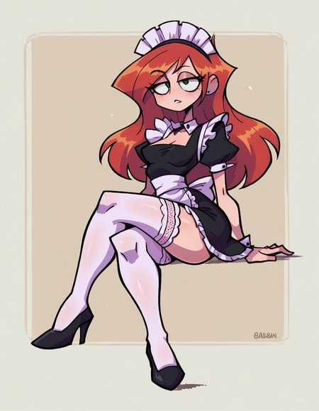 zPDXL, score_9, score_8_up, score_7_up, source_anime,
1girl, solo, :D, (crossed legs), maid wearing a short black (maid dress:1.2) with white lace trim, a full white apron, (stockings:1.1), maid embroided cap, Mary Jane heels, Kim Possible, long hair, red hair,
<lora:valbun_v2:1> valbun,