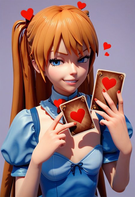 score_9, score_8_up, score_7_up, 1girl, alice in wonderland style, Asuka Langley, blue dress, detached collar, Queen of Hearts, holding card, smug grin, 3d \(artwork\)
