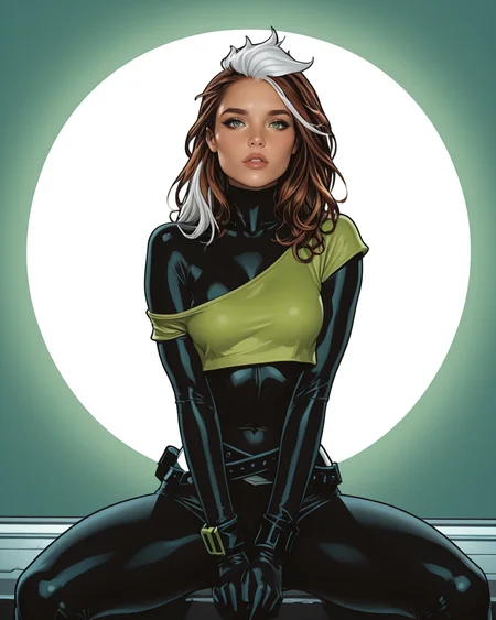 masterpiece, best quality, absurdres, perfect quality, absolutely eye-catching,   <lora:JeffSpokesIllus:1> jspokes,   <lora:Rogue80sPunkIllus:1> roguepunk, brown hair, white hair, two-tone hair, green eyes, bodysuit, crop top, off shoulder, belt, looking at viewer, seductive, sexy, sitting, v arms, spread legs, parted lips,