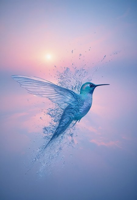 Create an ultra-high resolution, hyper-detailed, 8k photo of a light blue hyper detailed water hummingbird made of ice, swamp on pastel pink sunrise, water drops, translucent glow, liquid, dynamic water flow, ultra_detailed,  8k.  masterpiece, trending on artstation, sharp focus, studio photo, intricate details, highly detailed, by greg rutkowski<lora:xl_more_art-full_v1:0.5>
