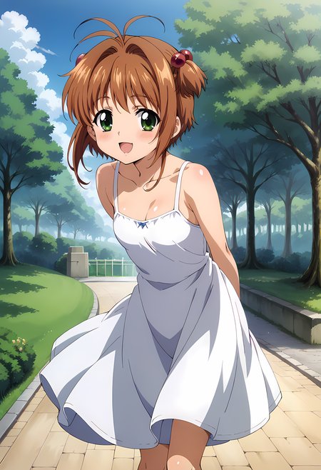 score_9, score_8_up, score_7_up, BREAK source_anime, rating_explicit, best quality, masterpiece, uncensored, absurdres, unity 8k wallpaper, official art, official style, (ai-generated:0.6), (hyper extreme detailed:1.4), maximum details, beautiful detailed eyes, (animation cel:1.3), (megami magazine:1.2), (anime coloring:1.2), 1girl, Kinomoto_Sakura, pinup, (18 years old:1.25), (cute face:1.1), small breasts, (shiny skin: 1.1), (black long hair:0.1), green_eyes, brown_hair, short_hair, antenna_hair, hair_intakes, hair_bobbles, blush, smile, open mouth, (sundress), standing, leaning forward, arm behind back, looking at viewer, park, day, <lora:susamix010-pony:0.5> <lora:Sakura Pony:0.6>