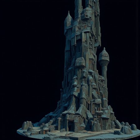 A Medieval Tower with elderscrolls inspired aestetics and legend of zelda
Set against a solid dark black color background to emphasize its unsettling unnatural form that emphasizes its silhouette. The medium is not a traditional painting or illustrative medium like watercolor or ink but rather a digital 3D rendering.
MikeFranchinastyle, d4artstyle, d4concept, , bbstyle,, horror theme,, zbrush, ZBClay model of a gray sculpture, 1990's, 1990's style