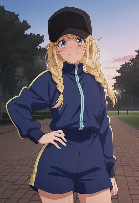 highres, best quality, masterpiece, 
anime screencap,
1girl, solo, blush, prpkeiko, blonde hair, twin braids,
<lora:_eiko_tsukimi-elesico-ilxlA:1>  outdoors, park, blue jacket, baseball hat, black headwear, track jacket, blue shorts, smile, dawn, sweat, steaming body, looking at viewer, hand on own hip, morning sky,