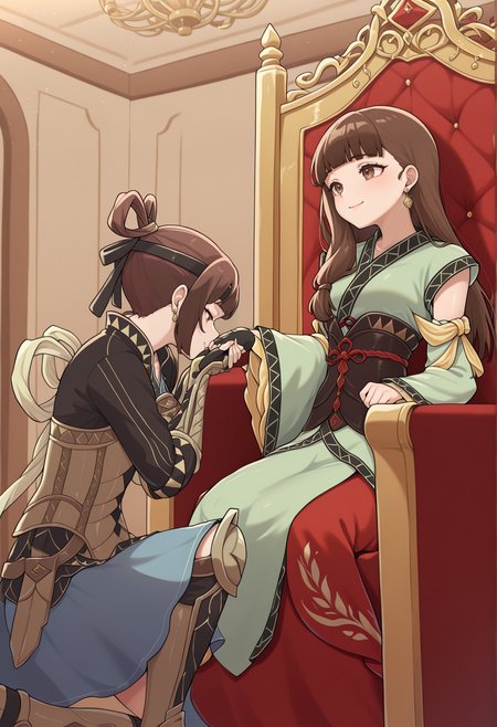 kissing hand, ballroom, indoors, 1girl, brown hair, hair rings, brown eyes, headband, chinese clothes, black shirt, armor, blue skirt, armored boots, fingerless gloves, on one knee, kissing hand  <lora:Miakis_Illus:1>
BREAK
ballroom, indoors, 1girl, blunt bangs, long hair, brown hair, brown eyes, earrings, tied hair, single sidelock, green dress, detached sleeves, wide sleeves, sash, red skirt, chinese clothes, sitting, throne, smile  <lora:Lymsleia_illustrious_v2:1>, masterpiece, best quality, amazing quality, very aesthetic, absurdres, highres, newest