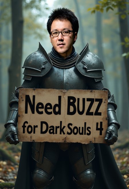 knight holding a sign with the text "Need Buzz for Dark Souls 4" text in dark souls style.
text "Need Buzz for Dark Souls 4" 
Swamp, trees
