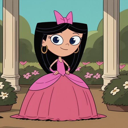 score_9, score_8_up, score_7_up BREAK IsaPF, 1girl, long black hair, dark blue eyes, pink bow, very long large straight tulle pink princess ball gown hoop skirt, ball gown hoop skirt, pink princess dress, hoopdress, my big princess gypsy wedding dress, ballgown, a girl in a dress posing for a picture, wearing long elbow length pink fingerless hook bridal gloves, she is smiling, closed mouth, ballgown, sexy pose, CrinolineDress, USE FACEFIX, cartoon, source_cartoon, smiling at viewer, full body, flower garden outdoors, flowers background, hands on hips,