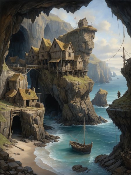 oil painting, An abandoned harbour on the coast, surrounded by rugged cliffs and a secret cave system that once hid pirates, dramatic light,  34K uhd, masterpiece, high detail, 8k, intricate, detailed, high resolution, high res, high quality, <lora:add-detail-xl:1.8>, highly detailed, Extremely high-resolution details, fine texture,