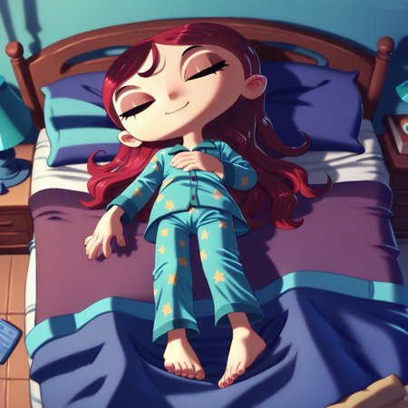 score_9, score_8_up, score_8, score_9, score_8_up, score_7_up, BREAK; Li1iZan0tt0, 1girl, solo, brown eyes, long hair, red hair, full body, hair down, box head, pajamas, sleeping, bed, night, comfy, smile, eyes closed, night time, bed time,