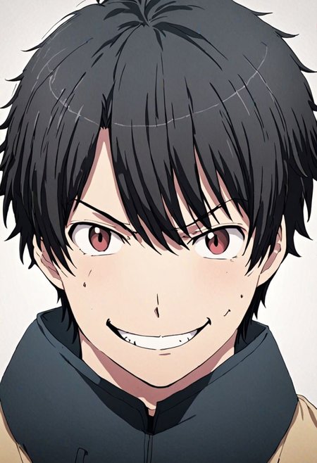 high resolution, solo, best quality, 1Boy, Inaho Kaizuka, Black Hair, portrait, looking at viewer, angry, smile, plain background, OverallDetail