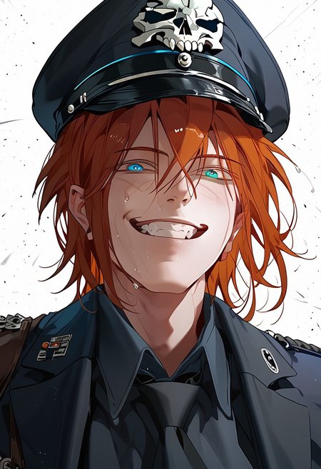 score_9, score_8_up, score_7_up, score_6_up, source_anime, 2d, 1boy, handsome boy, athletic body, manly boy, toned body, toned, male focus, solo, sweat, <lora:Chaos__Hero_Killer__Manhwa__webtoon:1>, Chaos, heterochromia, blue eye, green eye, auburn hair, medium hair, scars all over the body, closed lips, perface face, (perfect face, perfect eyes:1.2), looking at viewer, bishounen, toned male, athletic build, large pectorals, abs, six pack, pecs, cute boy in his mid twenties, nighttime, nightclub background, lamppost, <lora:warden-ponyxl-lora-nochekaiser_r1:1>, skull hat ornament, uniform, military uniform, black uniform, hat, cap, black cap, armband, collared shirt, black necktie, hand behind back, straight posture, swastikas armband, grin