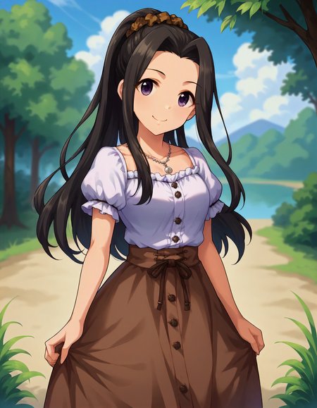 score_9,score_8_up,score_7_up,1girl,solo,cowboy shot,smile,closed mouth,looking at viewer,outdoors,
<lora:suzumiyaseika_ponyXLV6:0.8>,cgsse,
black hair,ponytail,purple eyes,
hair scrunchie,brown scrunchie,necklace,puffy short sleeves,brown skirt