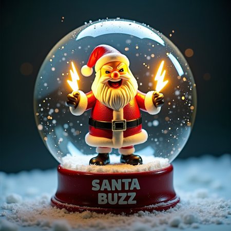A realistic photo of a snow globe. The snow globe has inside a cartonish statue of santa claus. Santa claus in a evil laugh pose. Santa is holding in each hand yellow lighting bolt logo shaped figures that emit shiny electric sparks. The base of the globe has an inscription that says "SANTA BUZZ"