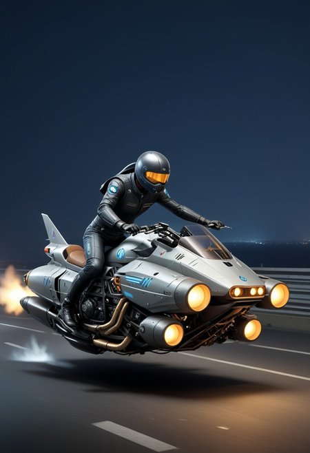 sci-fi, cyberpunk, vehicle, hover_bike, pilot, soft lighting, Hovering motorcycle, wheelless motorcycle, no wheels, after burner, jet propulsion, night, (racing circuit:1.2),