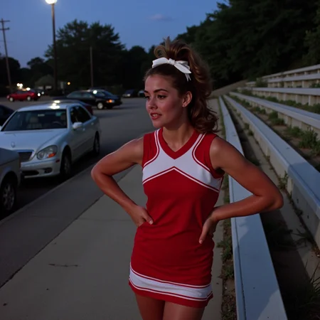 analog film photo 3/4 body shot on vintage Kodak film, a classic 80s cheerleader standing by the school bleachers under cool dusk light, bright red-and-white uniform hugging her athletic frame, voluminous high ponytail tied with a thick satin ribbon, flushed cheeks and soft shimmer eyeshadow, white sneakers scuffed from the court, one hand on hip and pom-poms dangling, subtle lens flare from the parking lot lights behind her, eerie cinematic pause as if frozen between scream and spotlight, beauty and tension balanced in analog stillness
  <lora:final-girlsv2.1:0.9> fgsv3 . faded film, desaturated, 35mm photo, grainy, vignette, vintage, Kodachrome, Lomography, stained, highly detailed, found footage, RAW candid cinema, 16mm, color graded portra 400 film, remarkable color, ultra realistic, textured skin, remarkable detailed pupils, realistic dull skin noise, visible skin detail, skin fuzz, dry skin, shot with cinematic camera