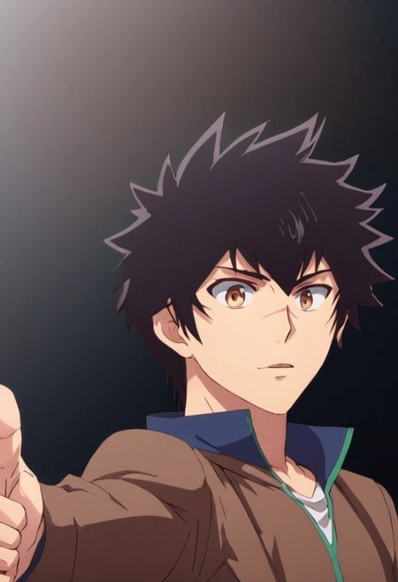 high resolution, solo, best quality, 1Boy, Kanata Hoshijima, Black hair, Brown Eyes, Pointing towards the viewer, engaging, direct, focused,