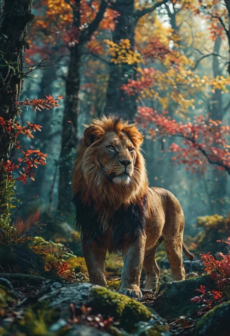 Lion, in dense forest, vibrant, colorful, cinematic lighting, 8k <lora:add-detail-xl:1> <lora:MJ52:0.5>